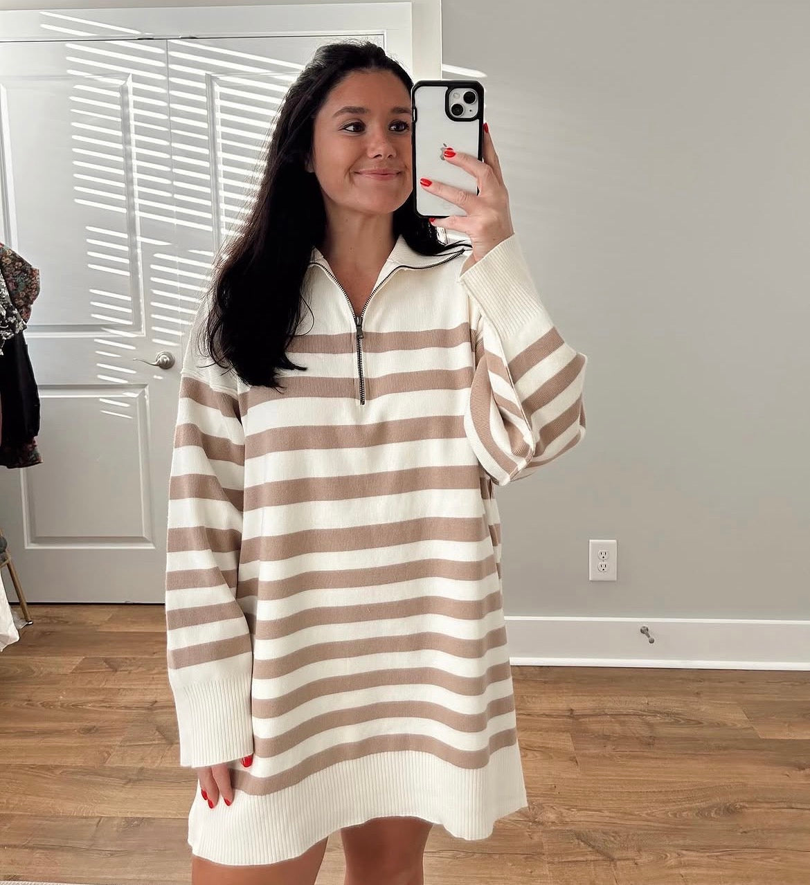 Striped Knit Half Zip Sweater Dress