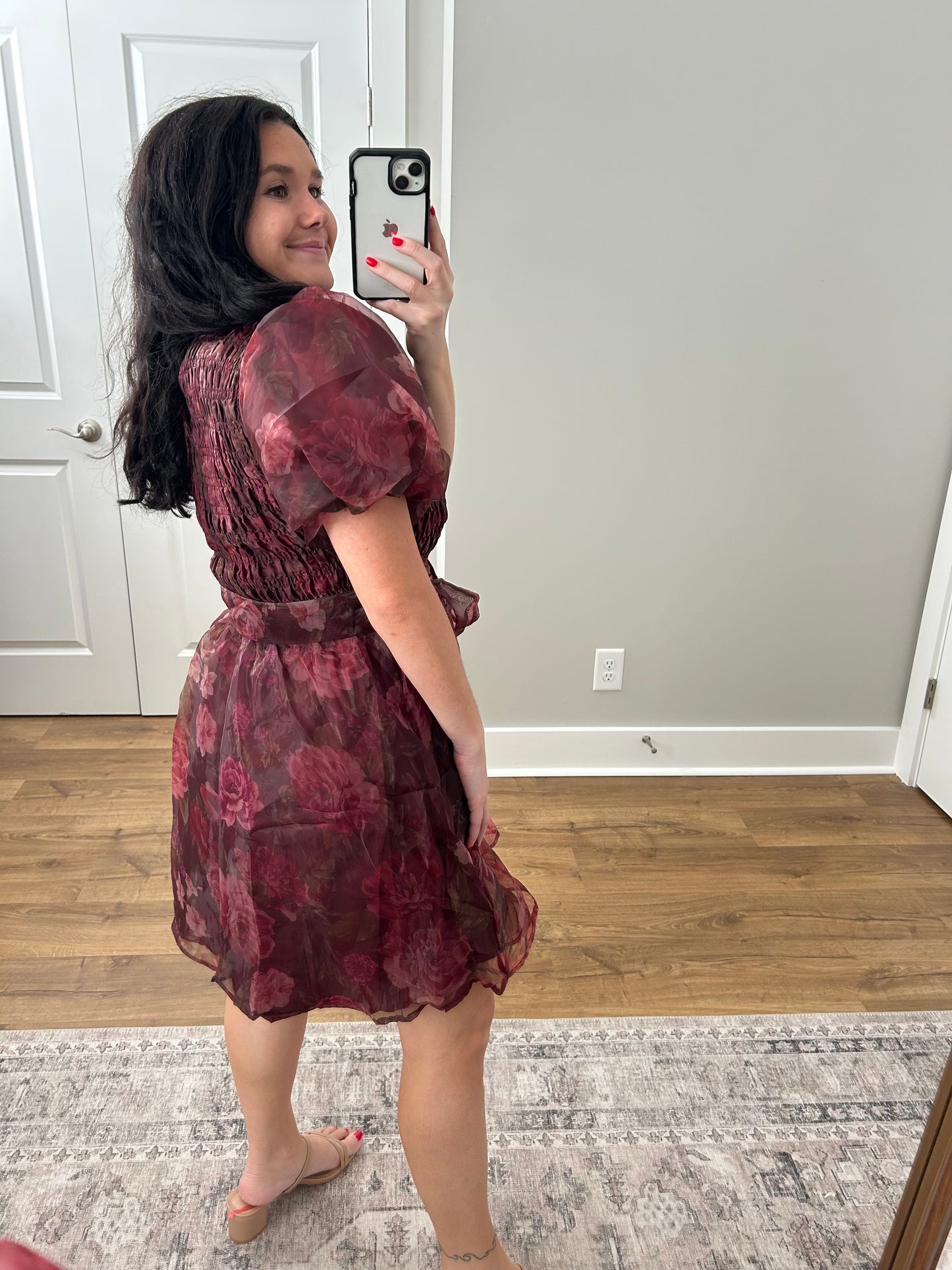 Smocked Rosette Sheer Mini Dress