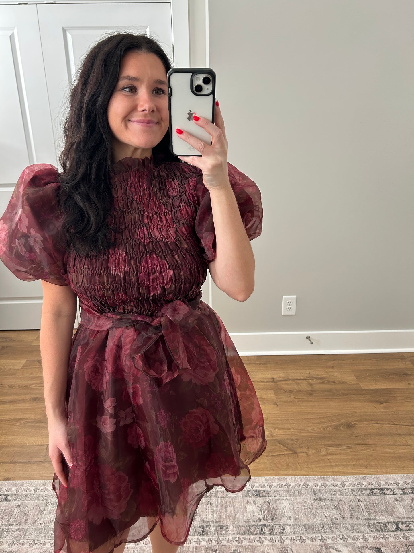 Smocked Rosette Sheer Mini Dress