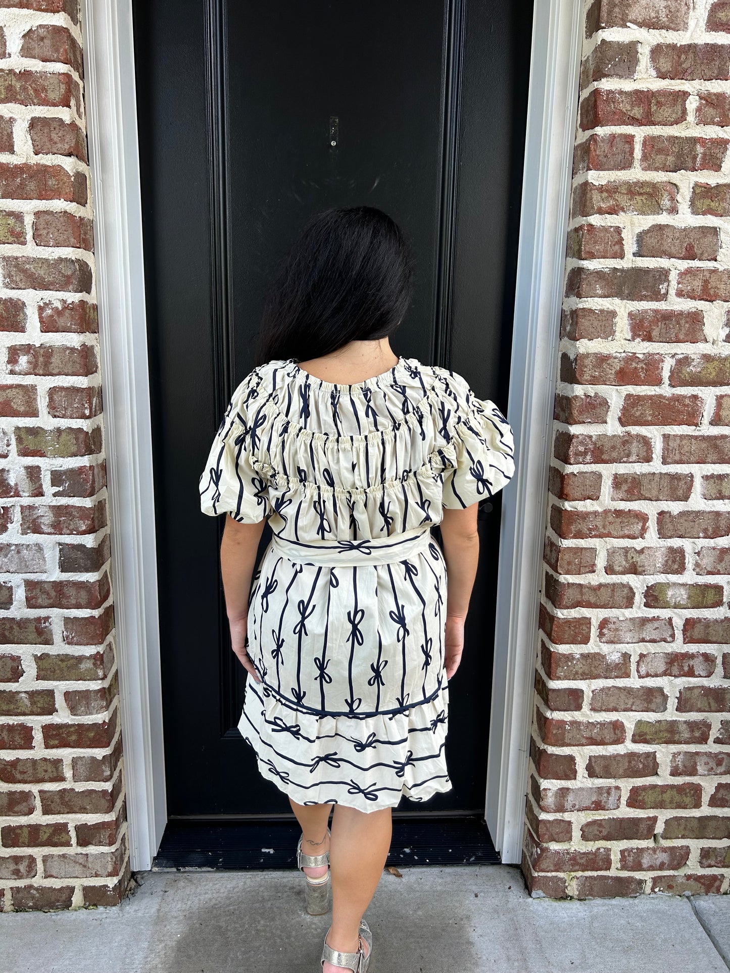 Bow Print Puff Sleeve Dress