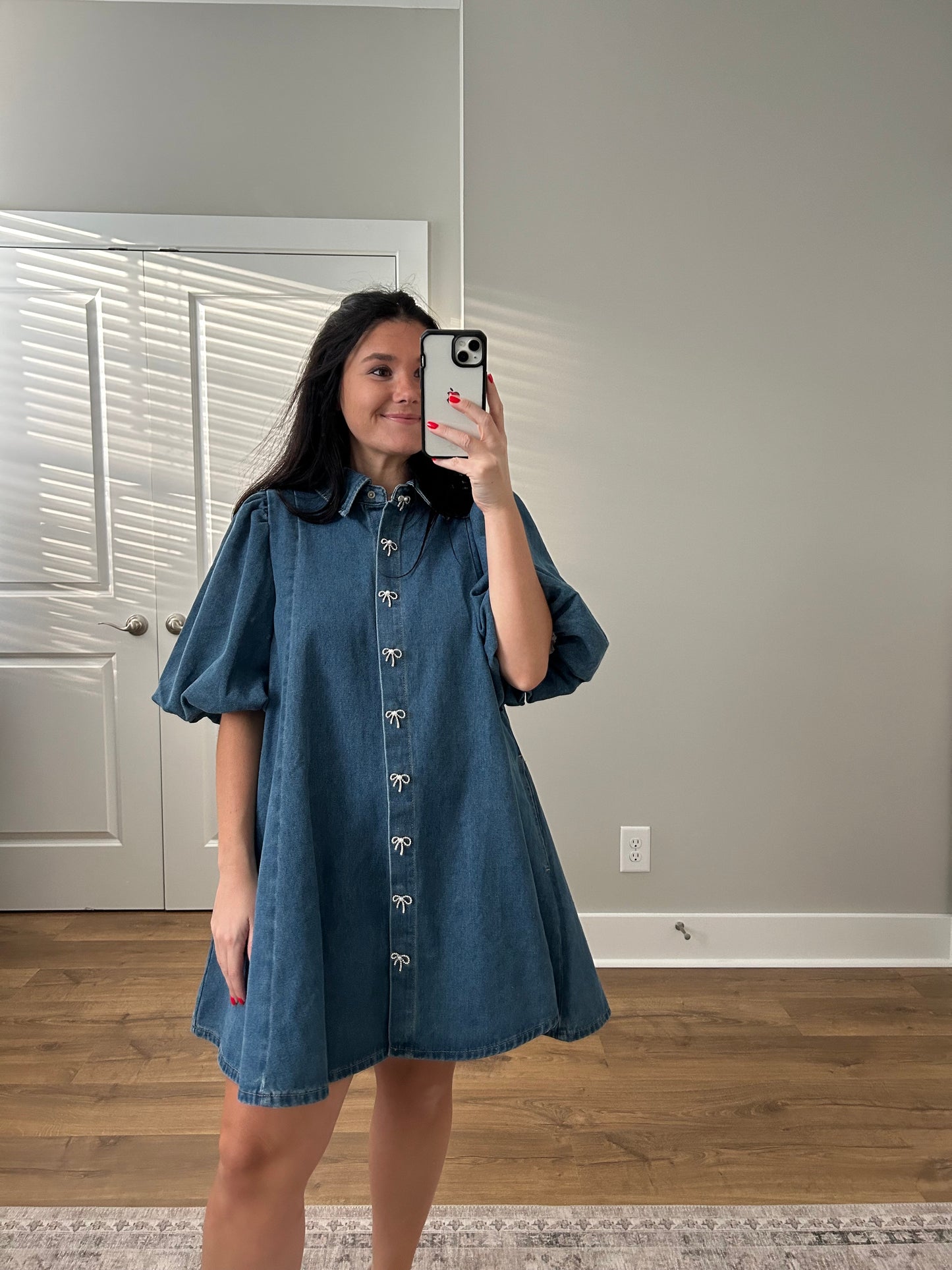 Denim Puff Sleeve Ribbon Button Down Dress