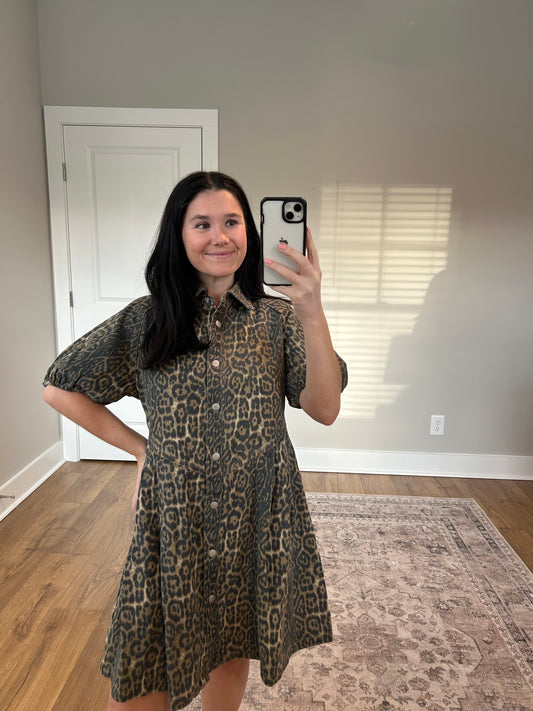 Leopard Denim Button Up Dress