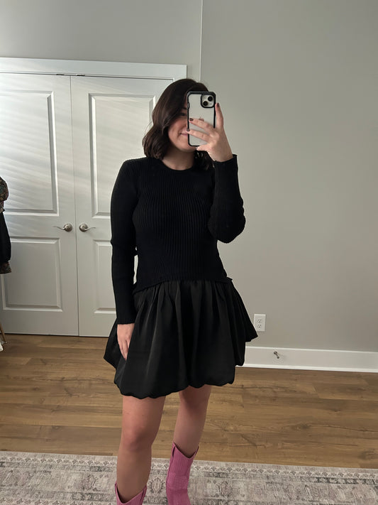 Ribbed Sweater Bubble Skirt Mini Dress