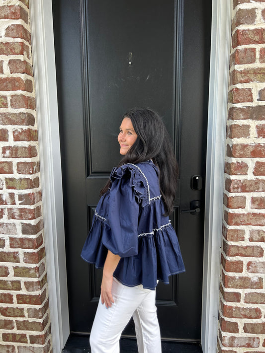 Navy Ruffled Blouse